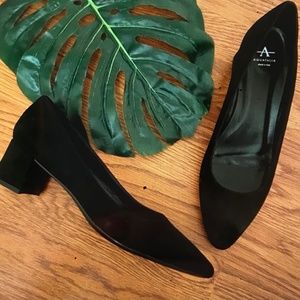 Aquatalia Black Suede Pointed Toe Block Heel Pumps